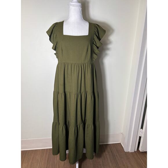 Crosby Dresses & Skirts - Crosby Olive Green Square Neck Ruffled Sleeveless Straps Midi Tiered Dress Sz M
